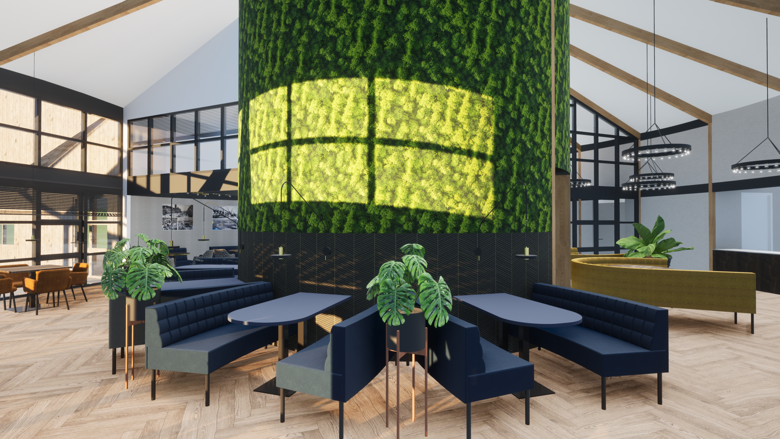 De Hooge Rotterdamsche interieurontwerp restaurant verlichting zitjes moswand