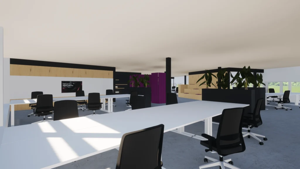 Youwe kantoorontwerp werkplekken planten