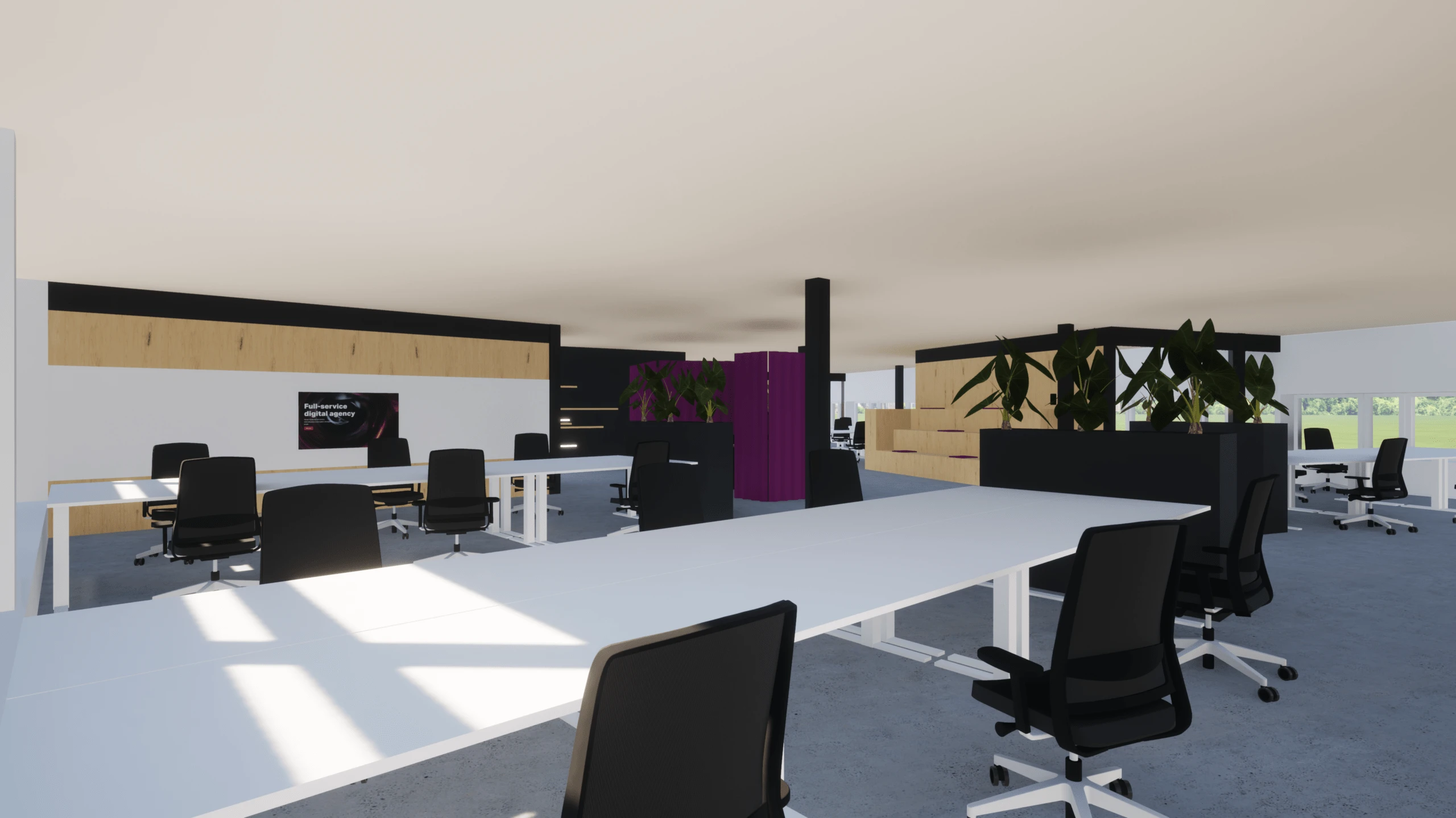 Youwe kantoorontwerp werkplekken planten
