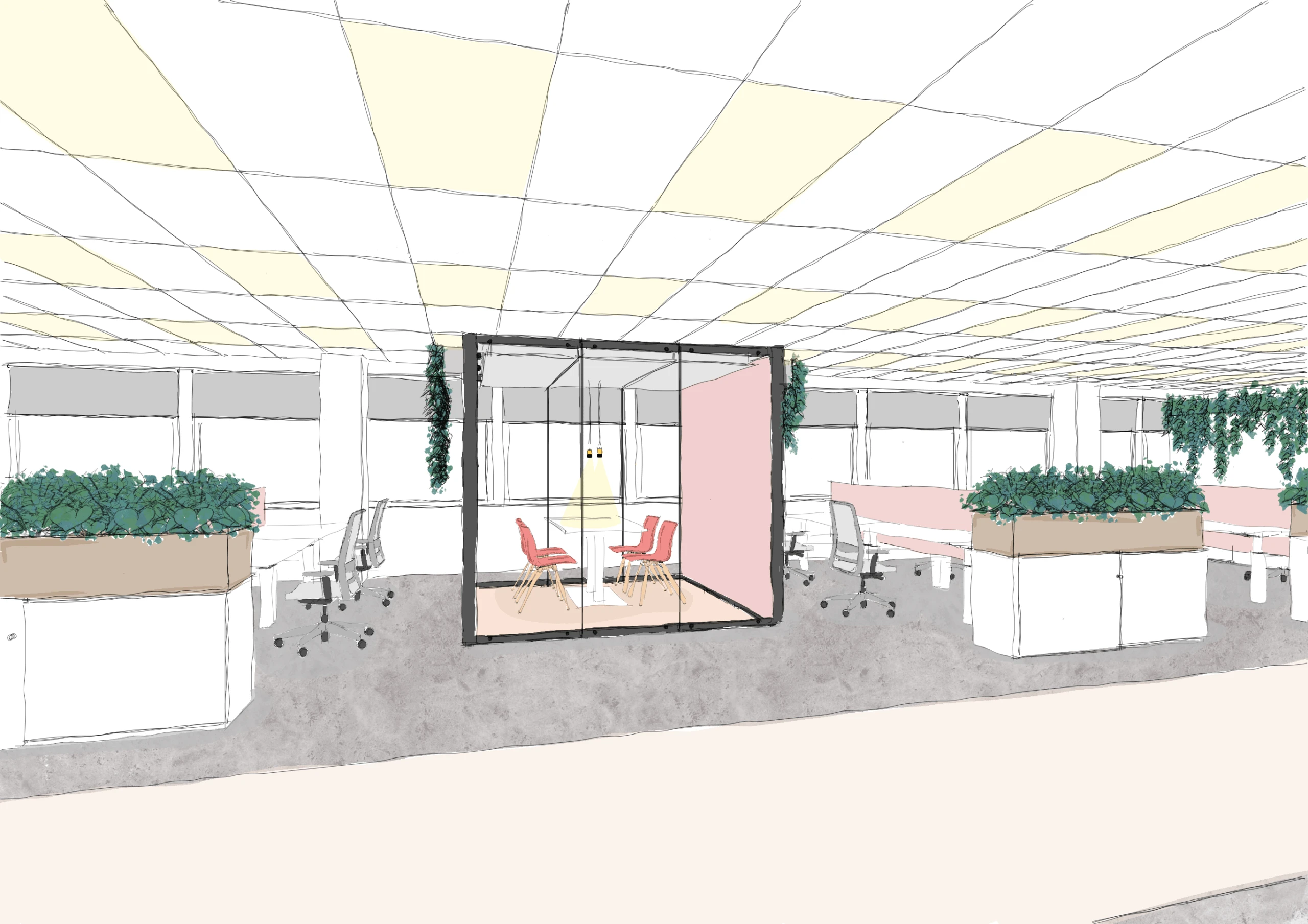 Kantoortuin 3dvisualisatie werkplekken room in room